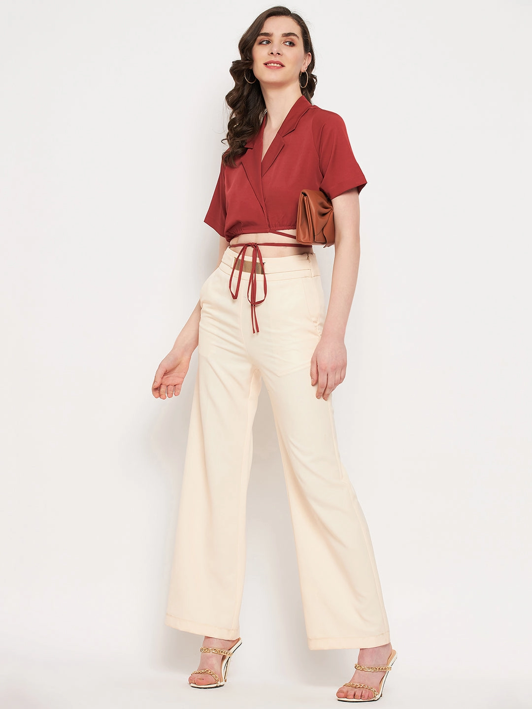 Soft Brushed Lining Madame Rosewood Tie-Up Waist Crop Top Top