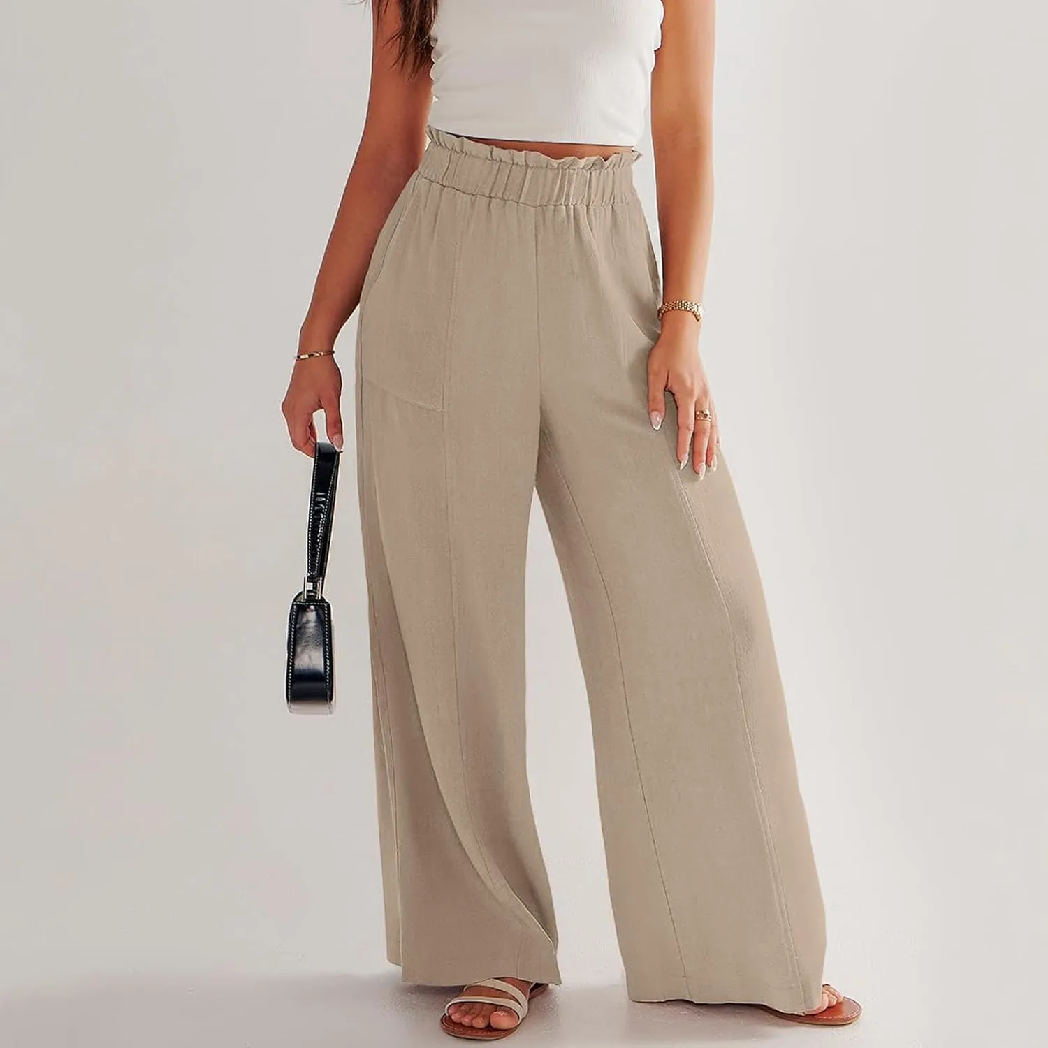 Palazzo Linen Pants for Women Elastic High Waisted Wide Leg Pants Flowy Lounge Pants Summer Beach Pants with Pockets