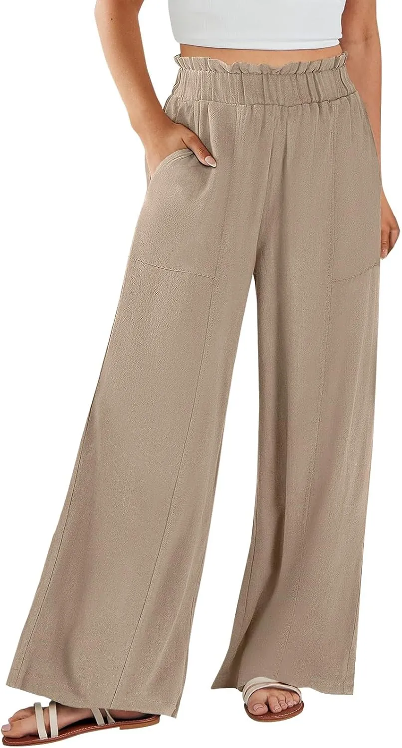 Palazzo Linen Pants for Women Elastic High Waisted Wide Leg Pants Flowy Lounge Pants Summer Beach Pants with Pockets