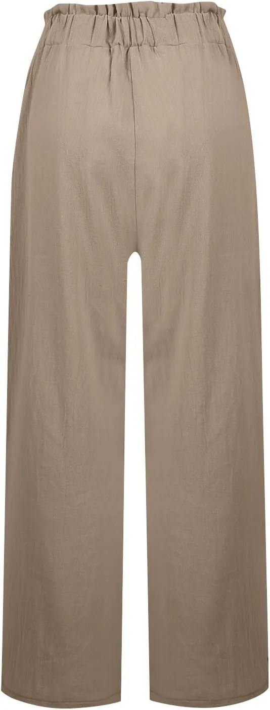 Palazzo Linen Pants for Women Elastic High Waisted Wide Leg Pants Flowy Lounge Pants Summer Beach Pants with Pockets