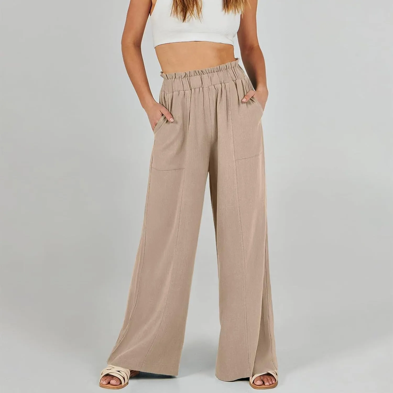 Palazzo Linen Pants for Women Elastic High Waisted Wide Leg Pants Flowy Lounge Pants Summer Beach Pants with Pockets