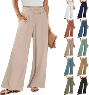 Palazzo Linen Pants for Women Elastic High Waisted Wide Leg Pants Flowy Lounge Pants Summer Beach Pants with Pockets