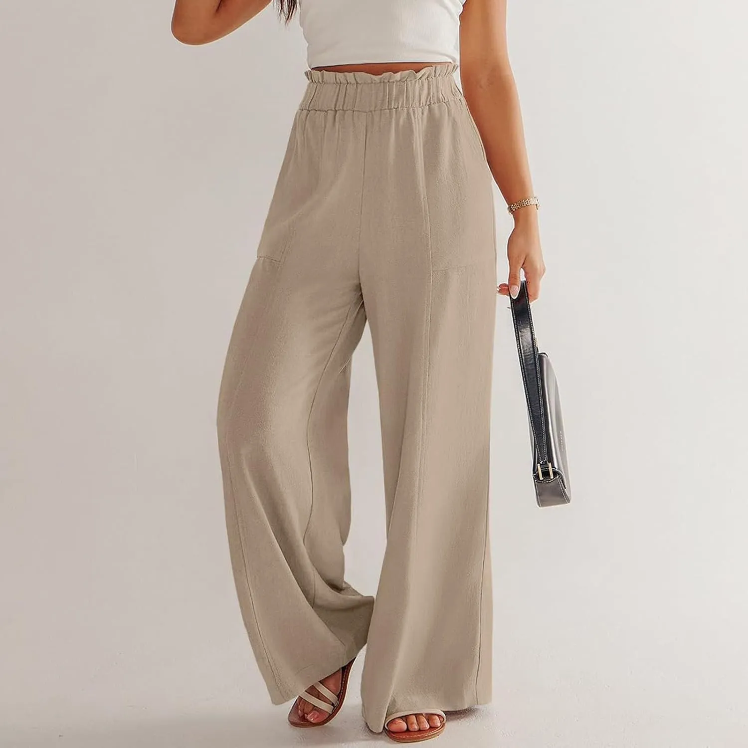 Palazzo Linen Pants for Women Elastic High Waisted Wide Leg Pants Flowy Lounge Pants Summer Beach Pants with Pockets