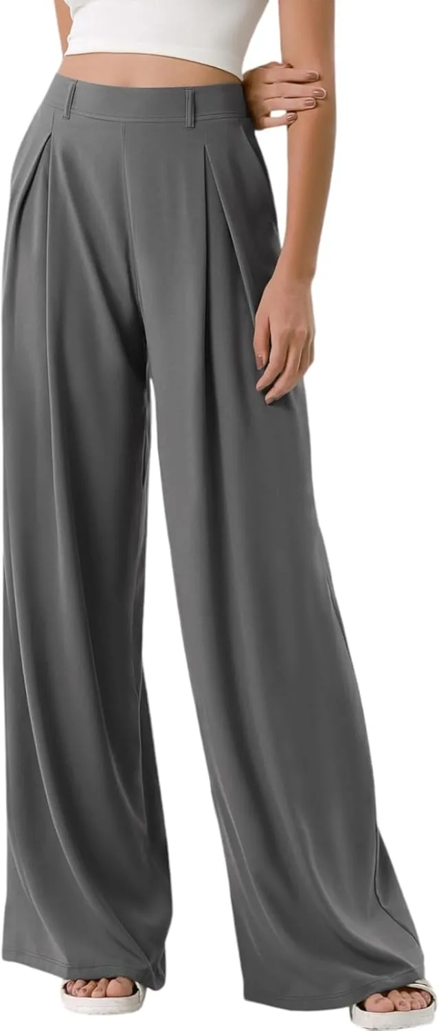 Palazzo Pants for Women Dressy Baggy High Waisted Wide Leg Pull on Dress Pants Work Straight Leg Trousers with Pockets