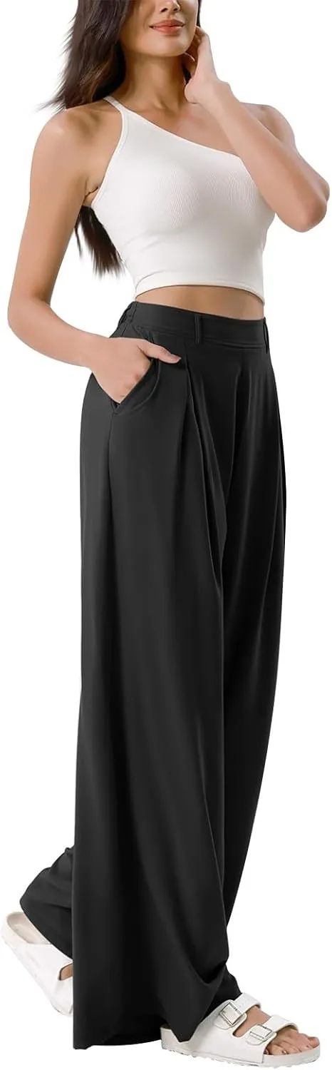 Palazzo Pants for Women Dressy Baggy High Waisted Wide Leg Pull on Dress Pants Work Straight Leg Trousers with Pockets