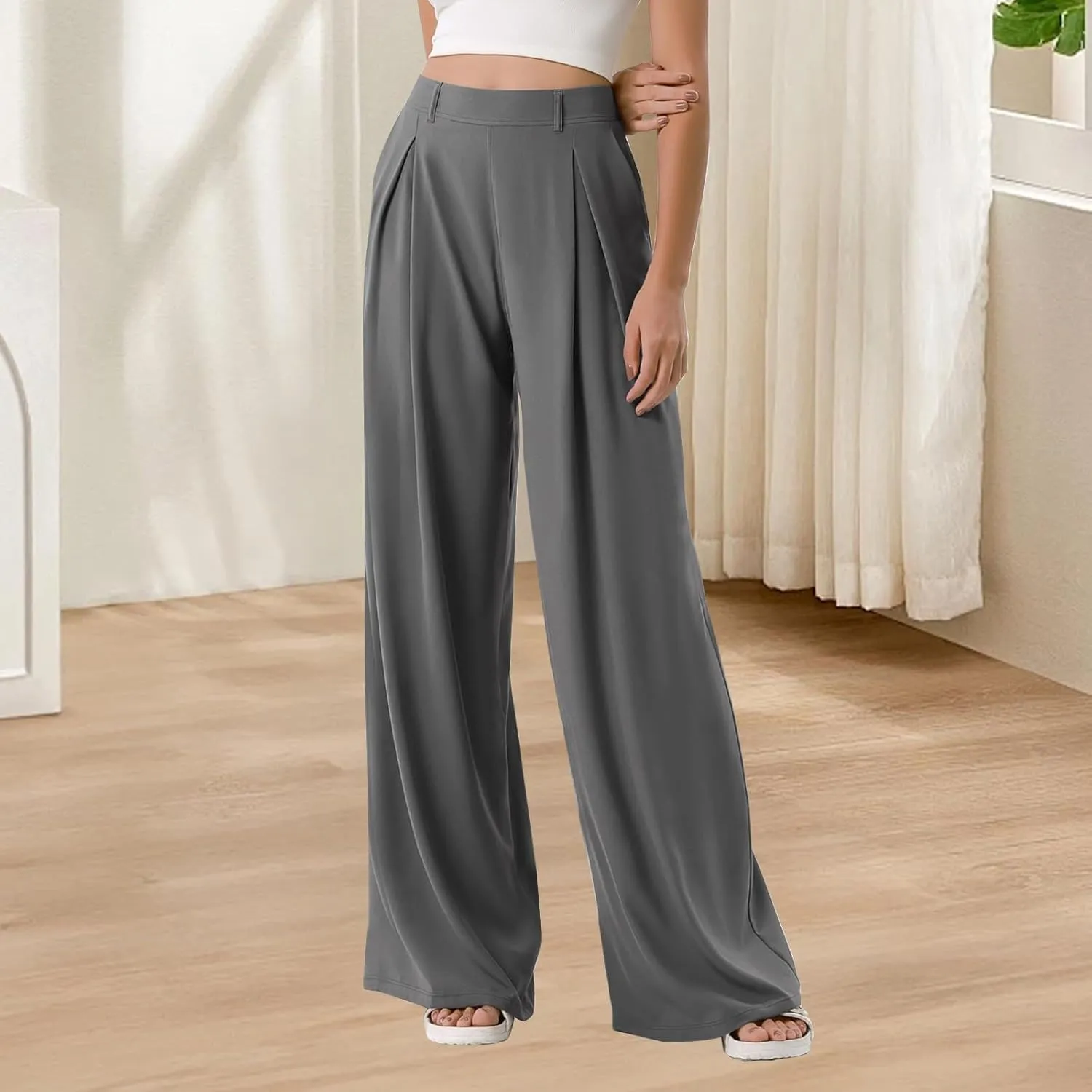 Palazzo Pants for Women Dressy Baggy High Waisted Wide Leg Pull on Dress Pants Work Straight Leg Trousers with Pockets