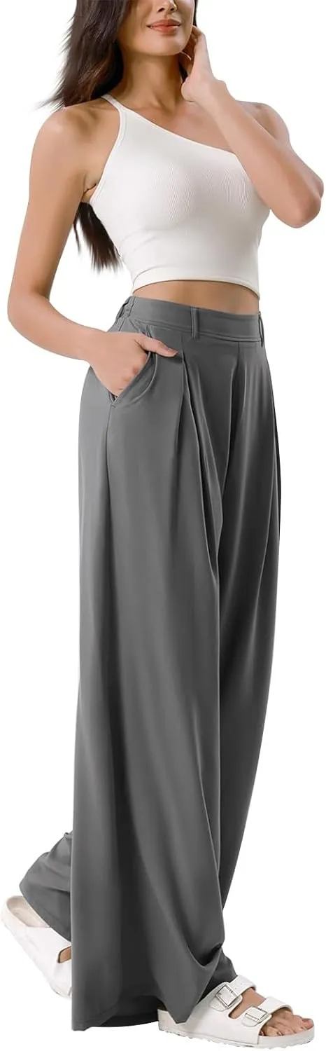 Palazzo Pants for Women Dressy Baggy High Waisted Wide Leg Pull on Dress Pants Work Straight Leg Trousers with Pockets