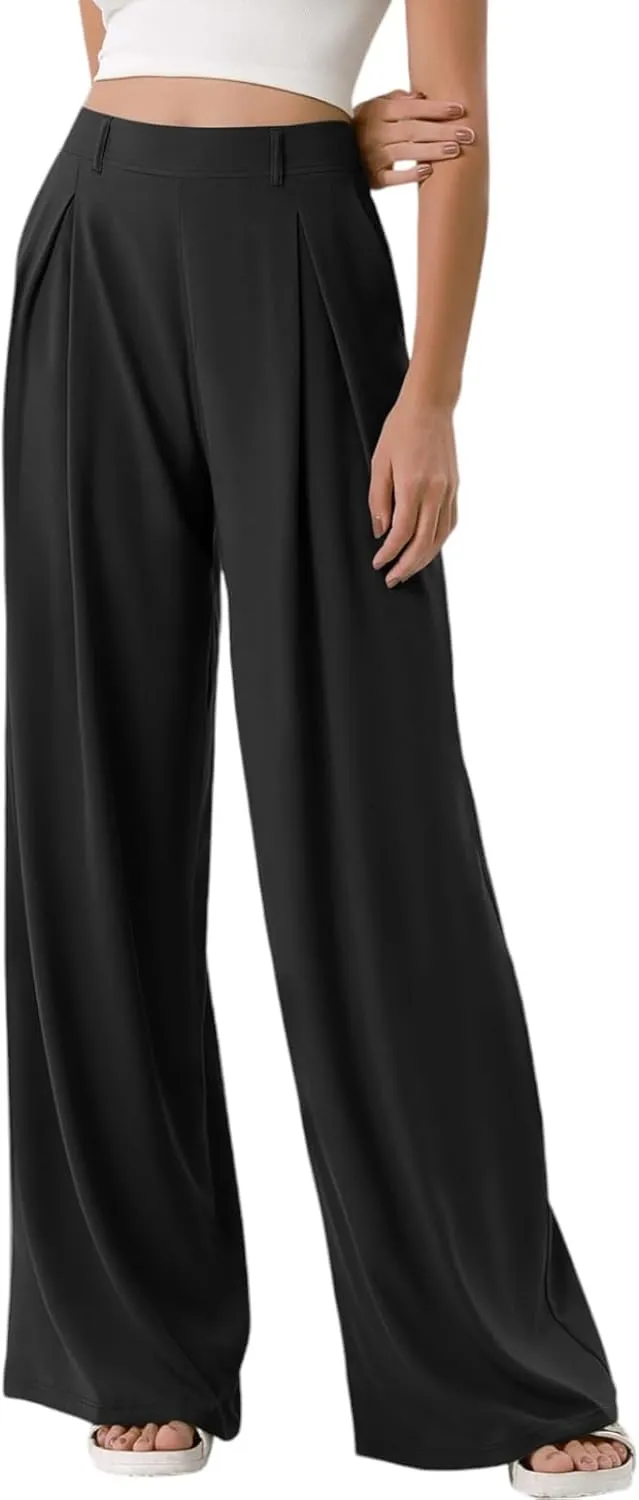 Palazzo Pants for Women Dressy Baggy High Waisted Wide Leg Pull on Dress Pants Work Straight Leg Trousers with Pockets