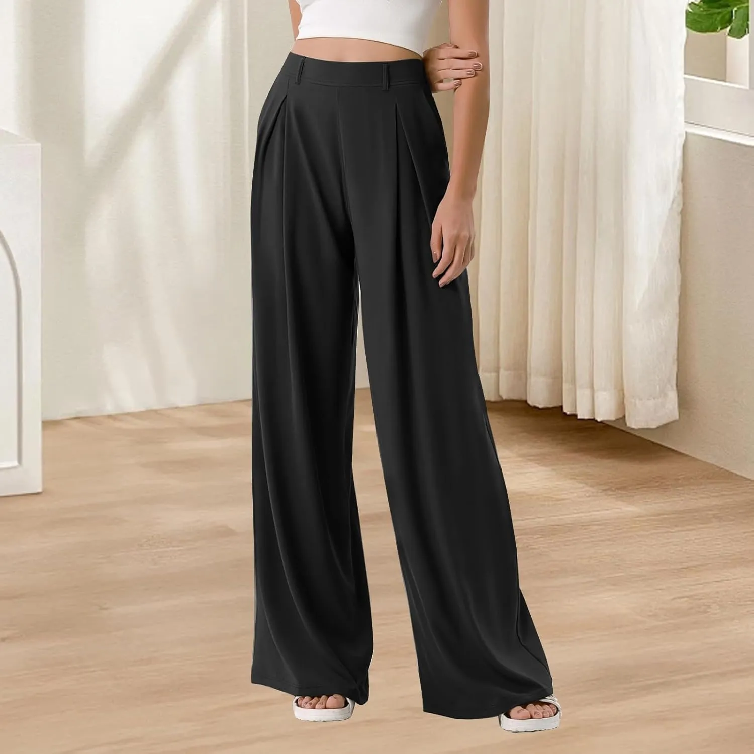 Palazzo Pants for Women Dressy Baggy High Waisted Wide Leg Pull on Dress Pants Work Straight Leg Trousers with Pockets