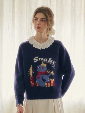 DoubleLayered Hem Technology ShrinkResistant Weave Paloma Round Neck Snake Pattern Wool Sweater