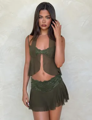 ADELINA MINI SKIRT - GREEN : KHAKI GREEN : IVORY Smooth Cut