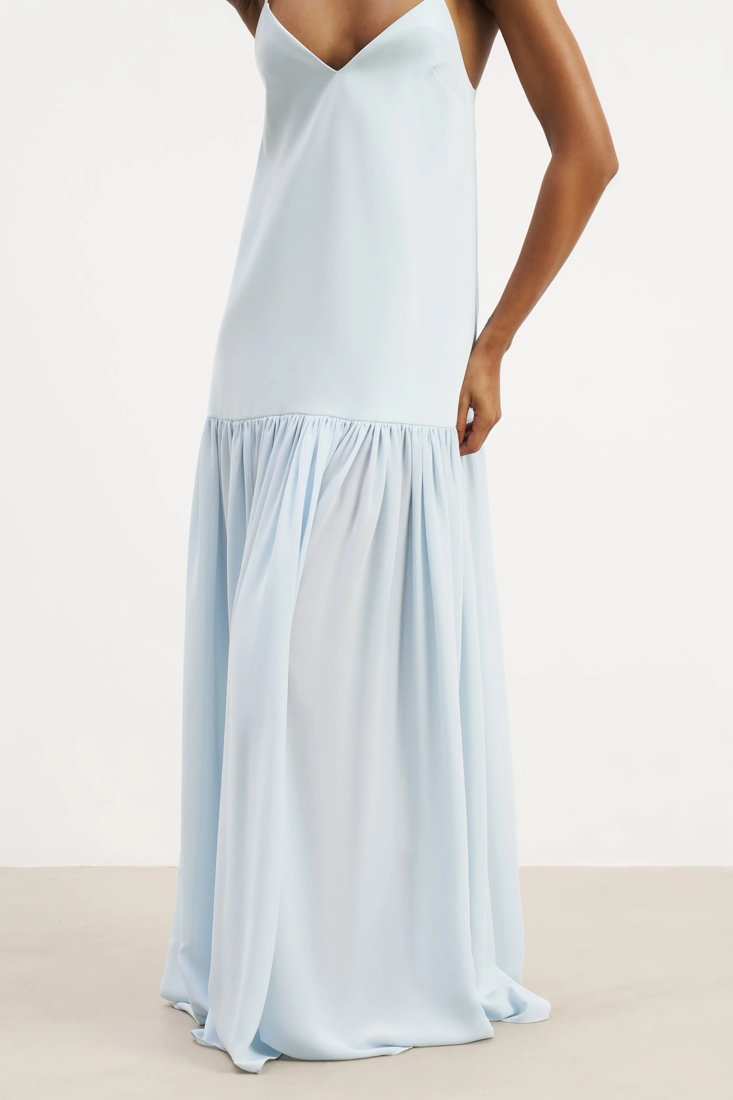 Sleek Waist Design Fit Flowing Dropped Waist Maxi Dress - Powder Blue