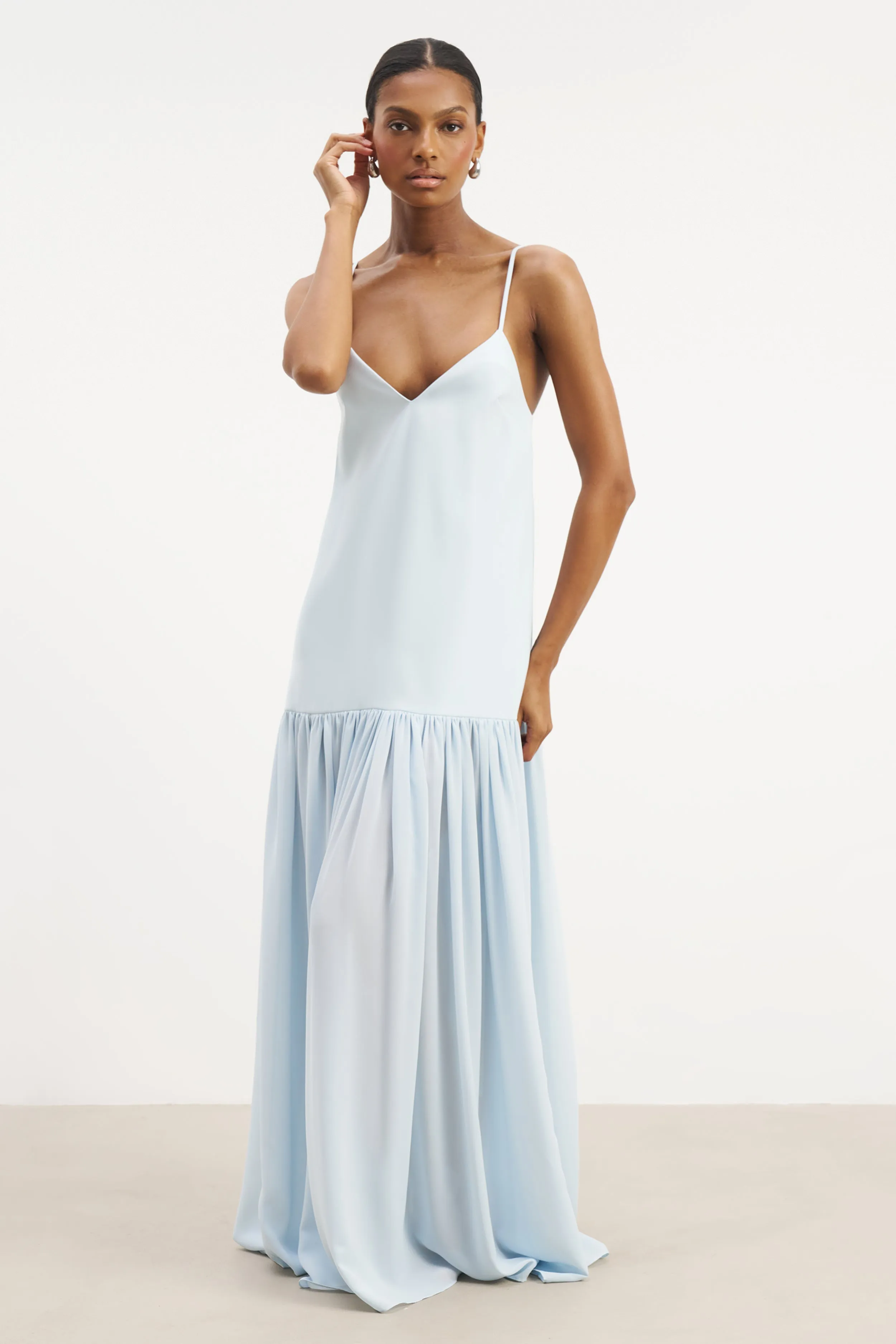 Flowing Dropped Waist Maxi Dress - Powder Blue Smart Fabric