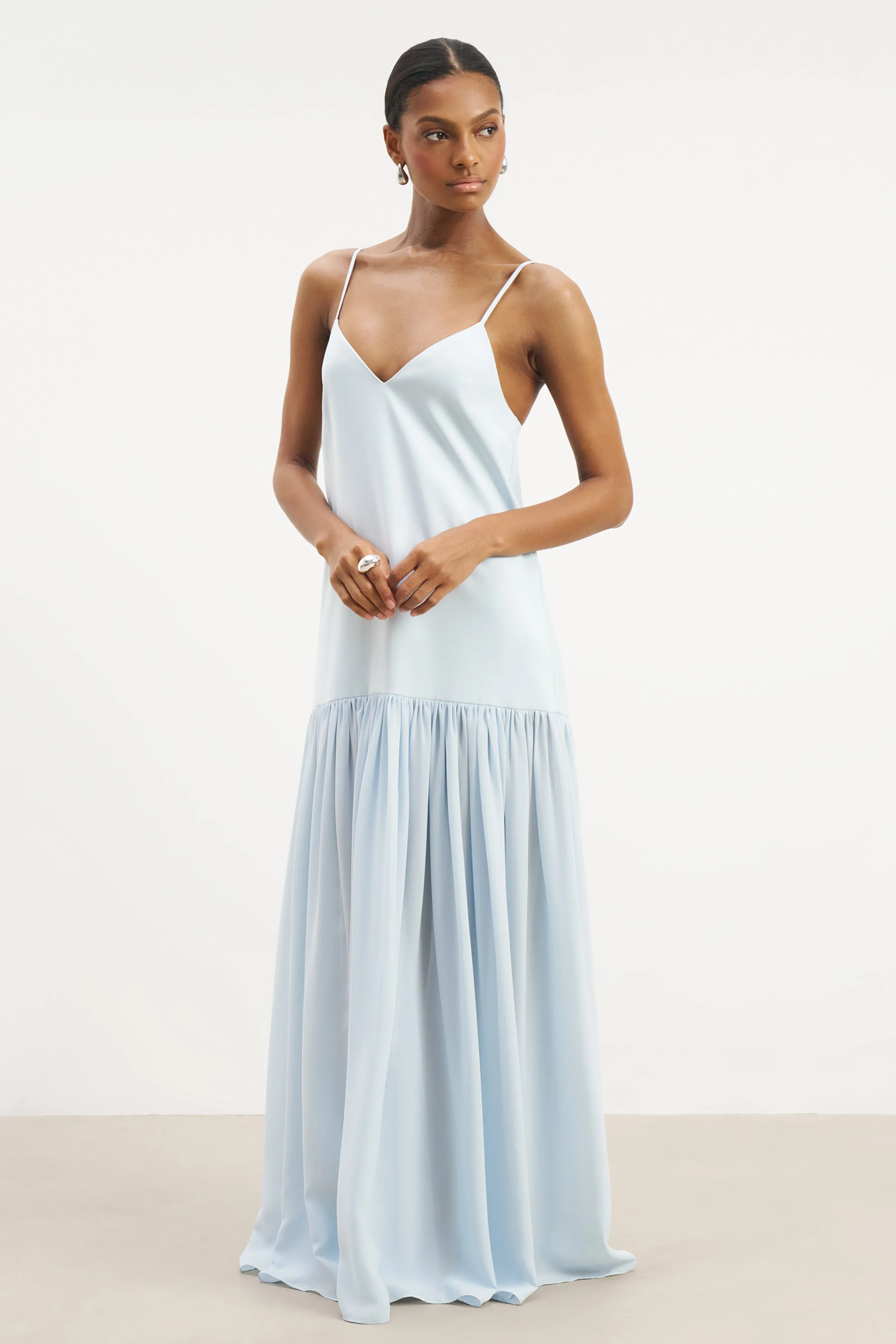 Ombre-Effect Vibrant Waist Fit Flowing Dropped Waist Maxi Dress - Powder Blue