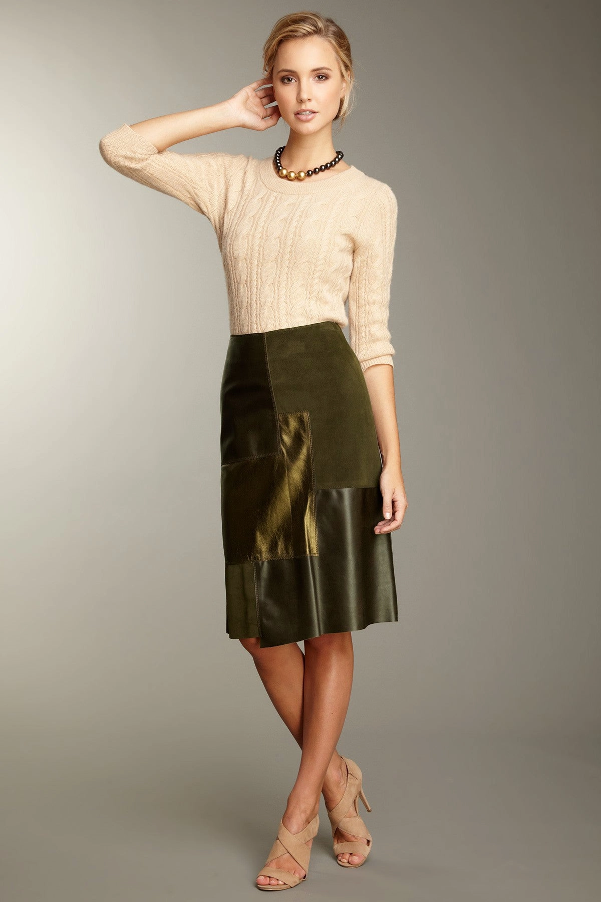 Draped Design Classic Mood Patch A-line Leather Skirt - Olive