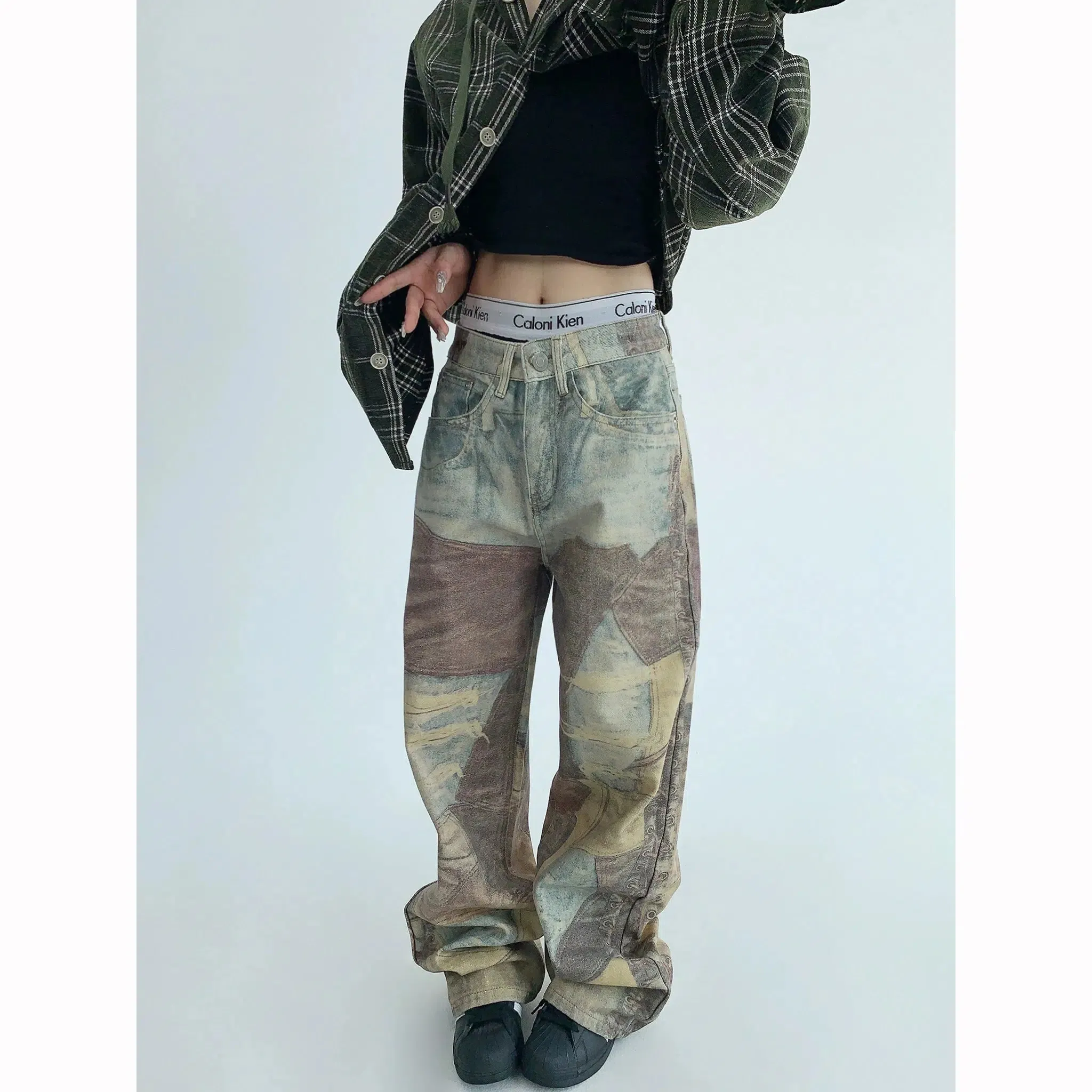 Patterned Wide-Leg Denim Pants