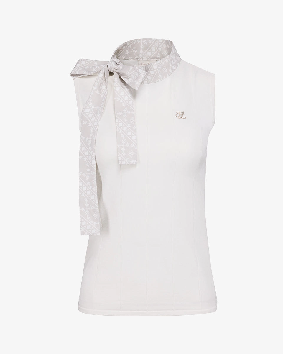 Patterned Neck ribbon sleeveless knit - White Relaxed Tank