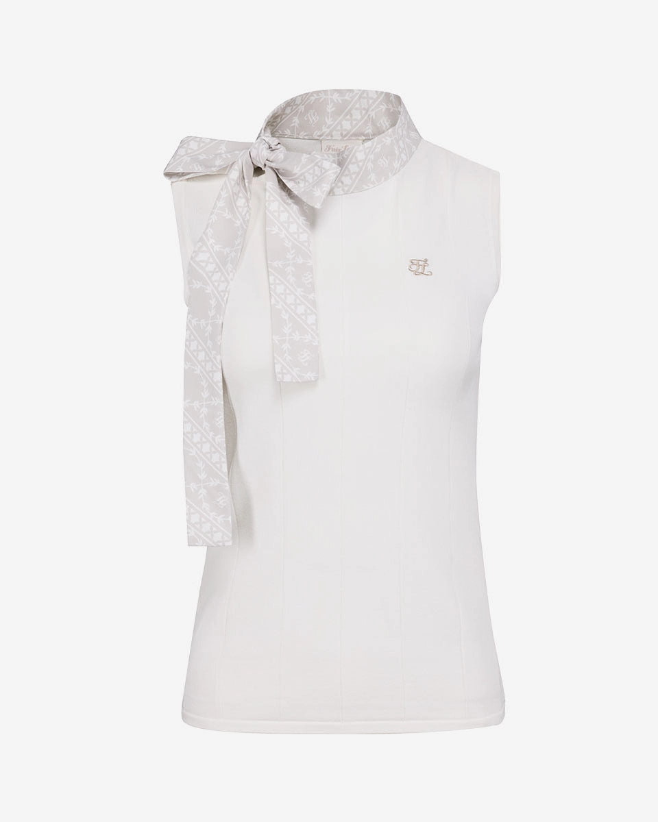 Patterned Neck ribbon sleeveless knit - White Layered Collar Structure Athletic Look