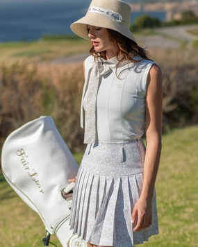 Patterned Neck ribbon sleeveless knit - White ThermalRegulating