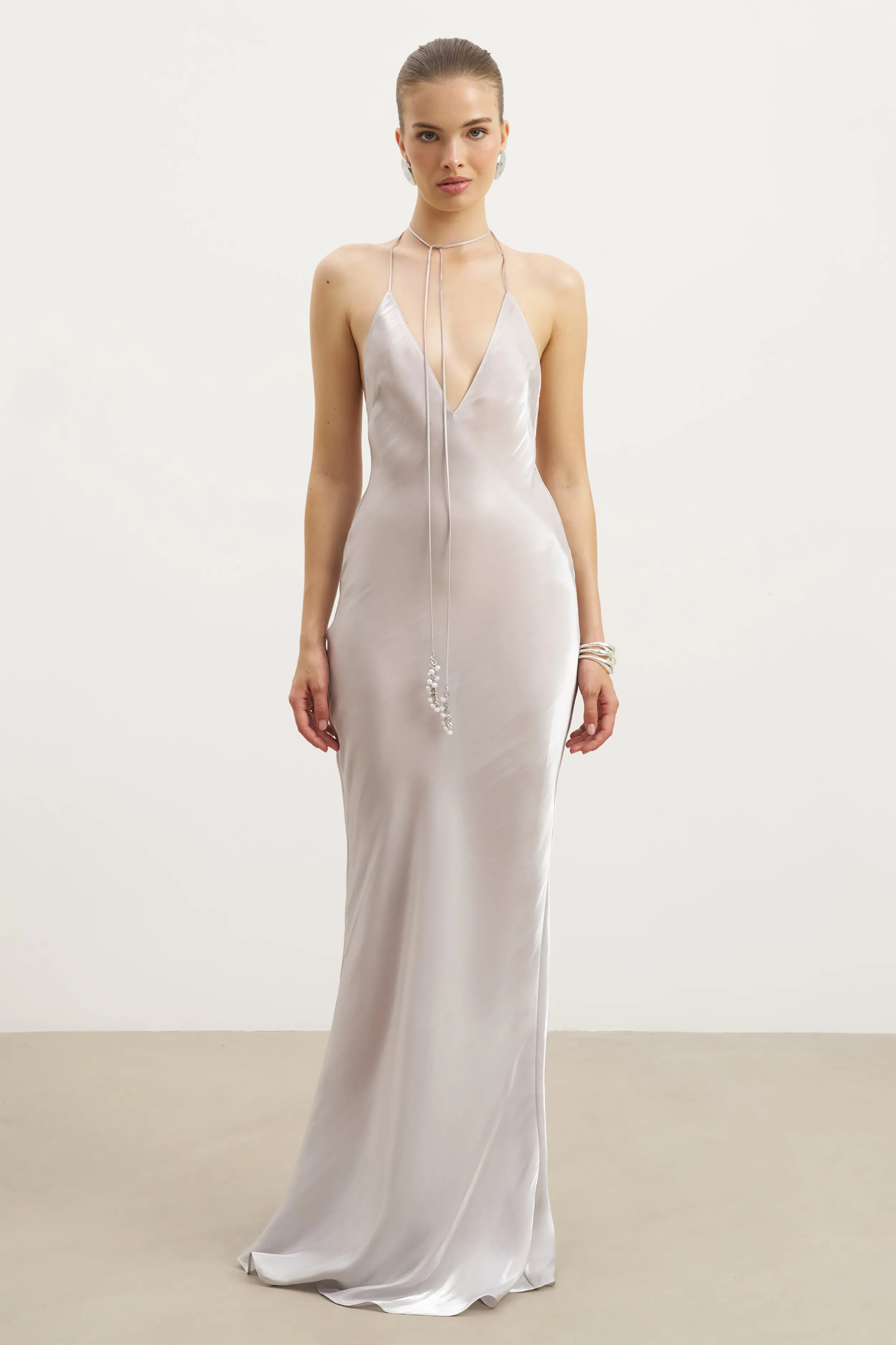 Pearl Detail Plunging Birthday Gown - Oyster Pearl cut out Perfect Length