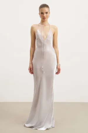 Pearl Detail Plunging Birthday Gown - Oyster Pearl cut out Perfect Length