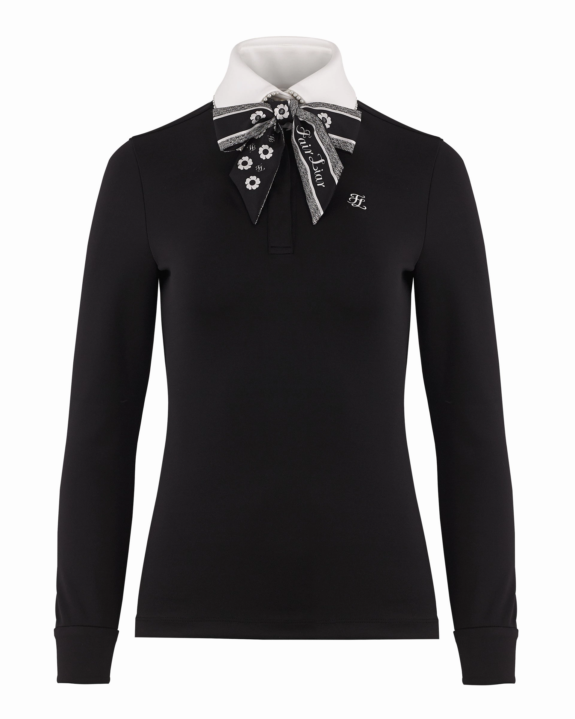Pearl collar t-shirt with scarf - Black Reinforced Buttonholes Grid Back Panel