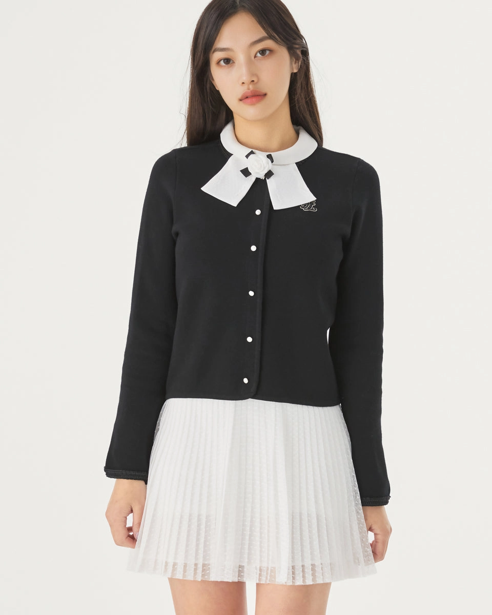 pearl ribbon jacket cardigan - Black Casual Classic