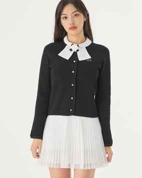 pearl ribbon jacket cardigan - Black Double Faced Jersey Knit Button Down Collar Style