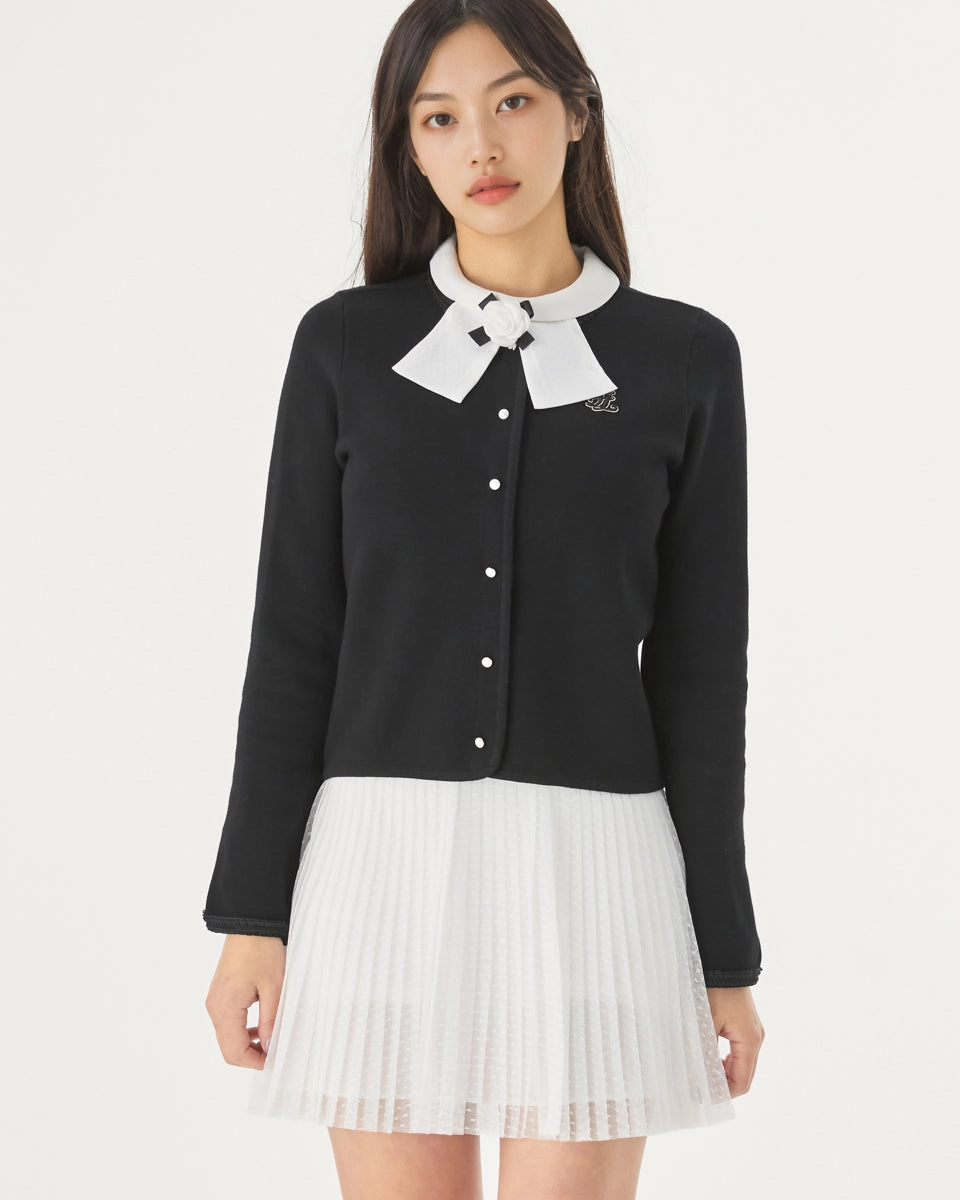 pearl ribbon jacket cardigan - Black Double Faced Jersey Knit Button Down Collar Style