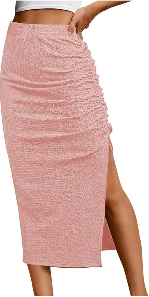 Pencil Midi Skirt for Women Summer High Waisted Ruched Bodycon Skirts with Slit Casual Solid Business Short Skirt