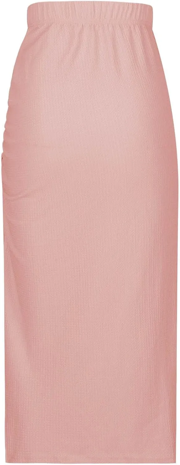 Pencil Midi Skirt for Women Summer High Waisted Ruched Bodycon Skirts with Slit Casual Solid Business Short Skirt