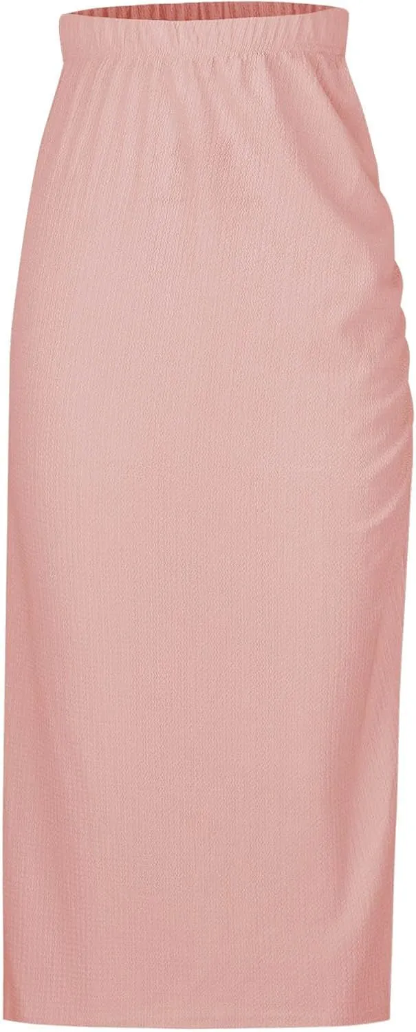 Pencil Midi Skirt for Women Summer High Waisted Ruched Bodycon Skirts with Slit Casual Solid Business Short Skirt