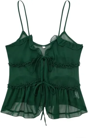 Perbai Womens Summer Deep V Neck Spaghetti Strap Ruffled Cami Shirt Tie Front Sleeveless Y2K Crop Top