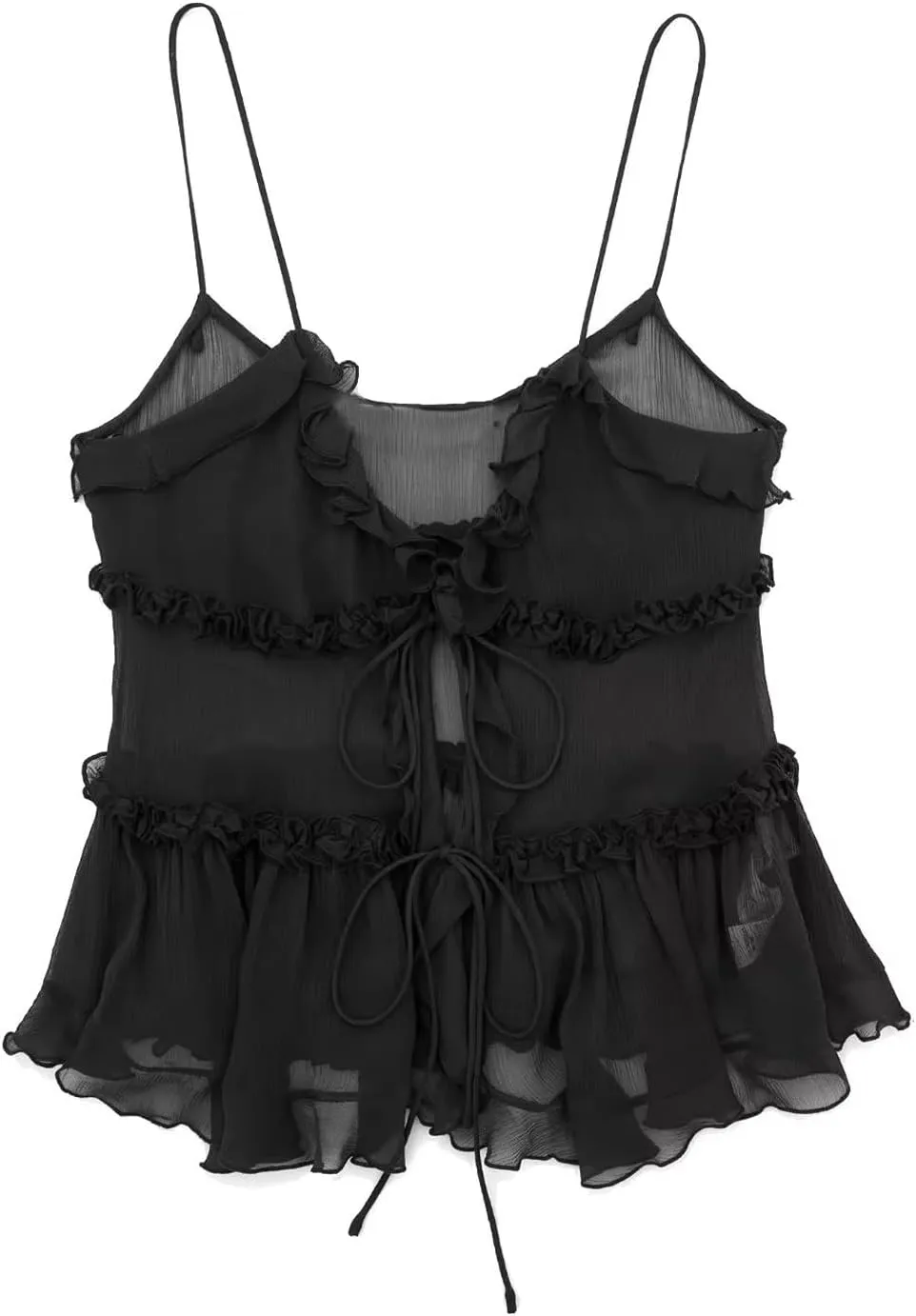 Perbai Womens Summer Deep V Neck Spaghetti Strap Ruffled Cami Shirt Tie Front Sleeveless Y2K Crop Top