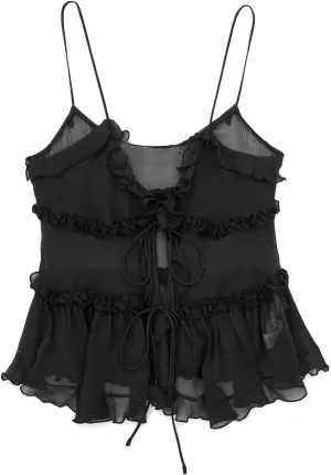 Perbai Womens Summer Deep V Neck Spaghetti Strap Ruffled Cami Shirt Tie Front Sleeveless Y2K Crop Top