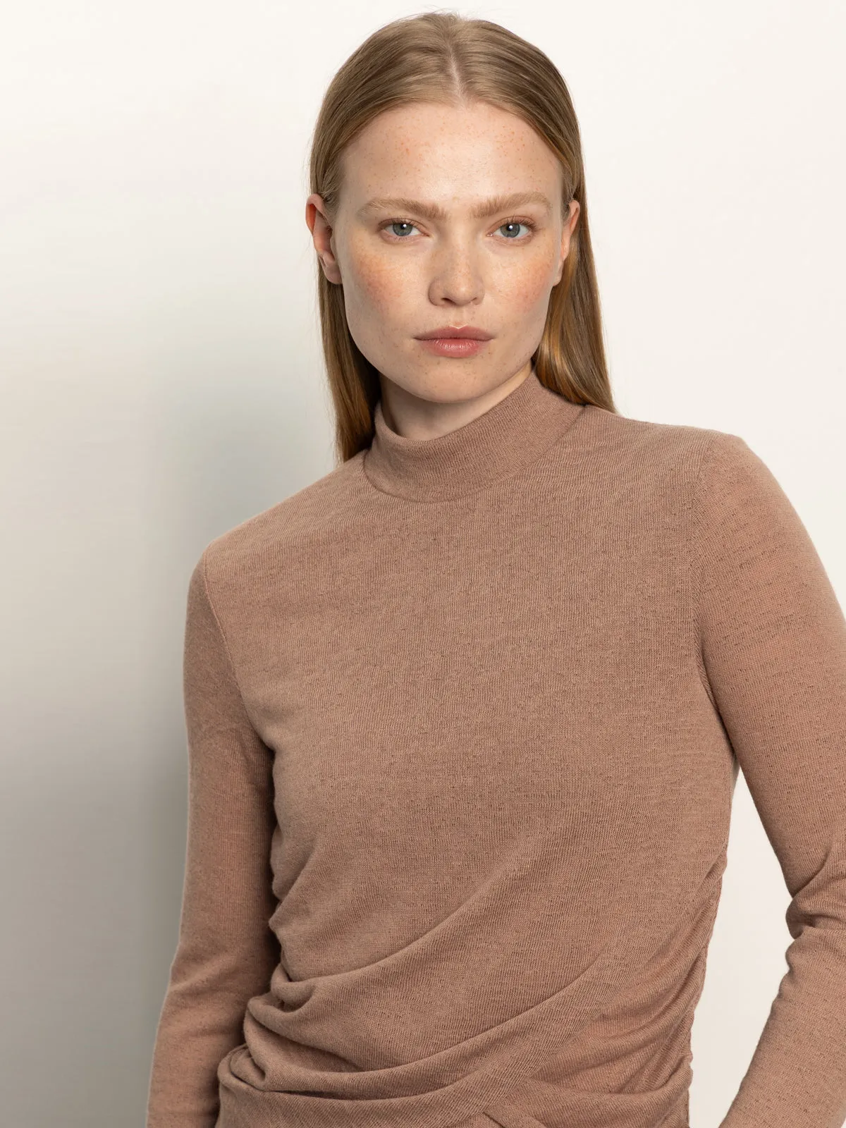 Sporty Design Sleek Layer Long Sleeve Draped Mock Neck Top Mocha