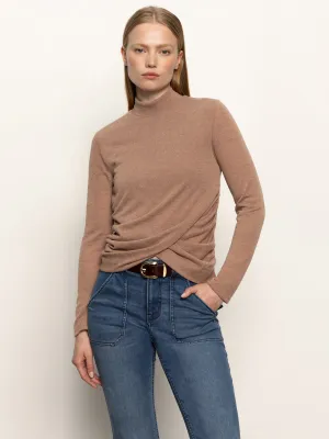 Long Sleeve Draped Mock Neck Top Mocha Light Layer