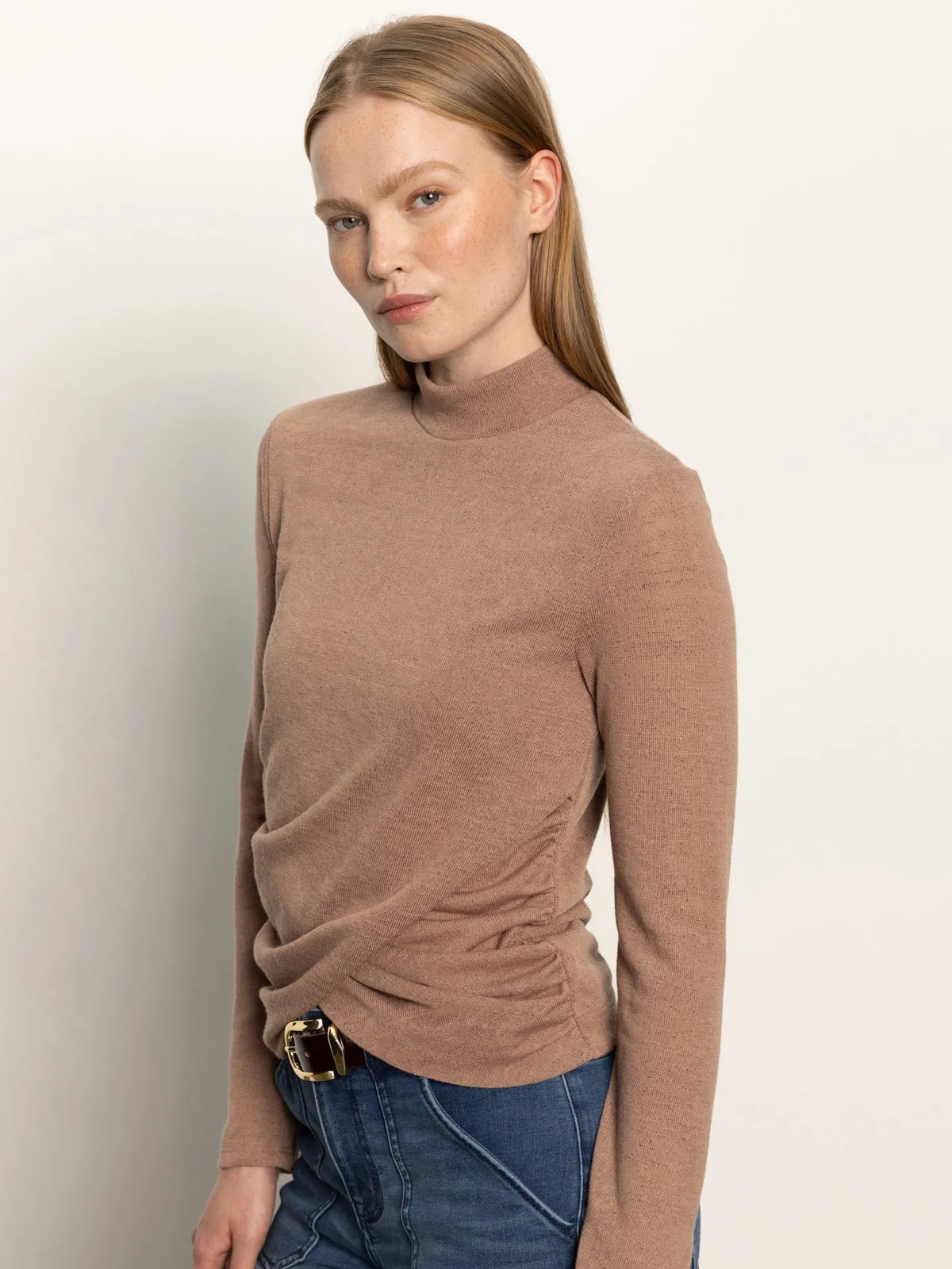 Fashion-Forward Look Long Sleeve Draped Mock Neck Top Mocha