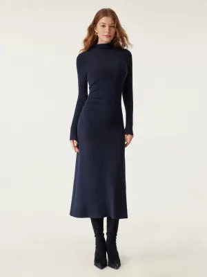 Heat-Tech Long Sleeves Mockneck Tucks Midi Dress Fall Layer Bold Look