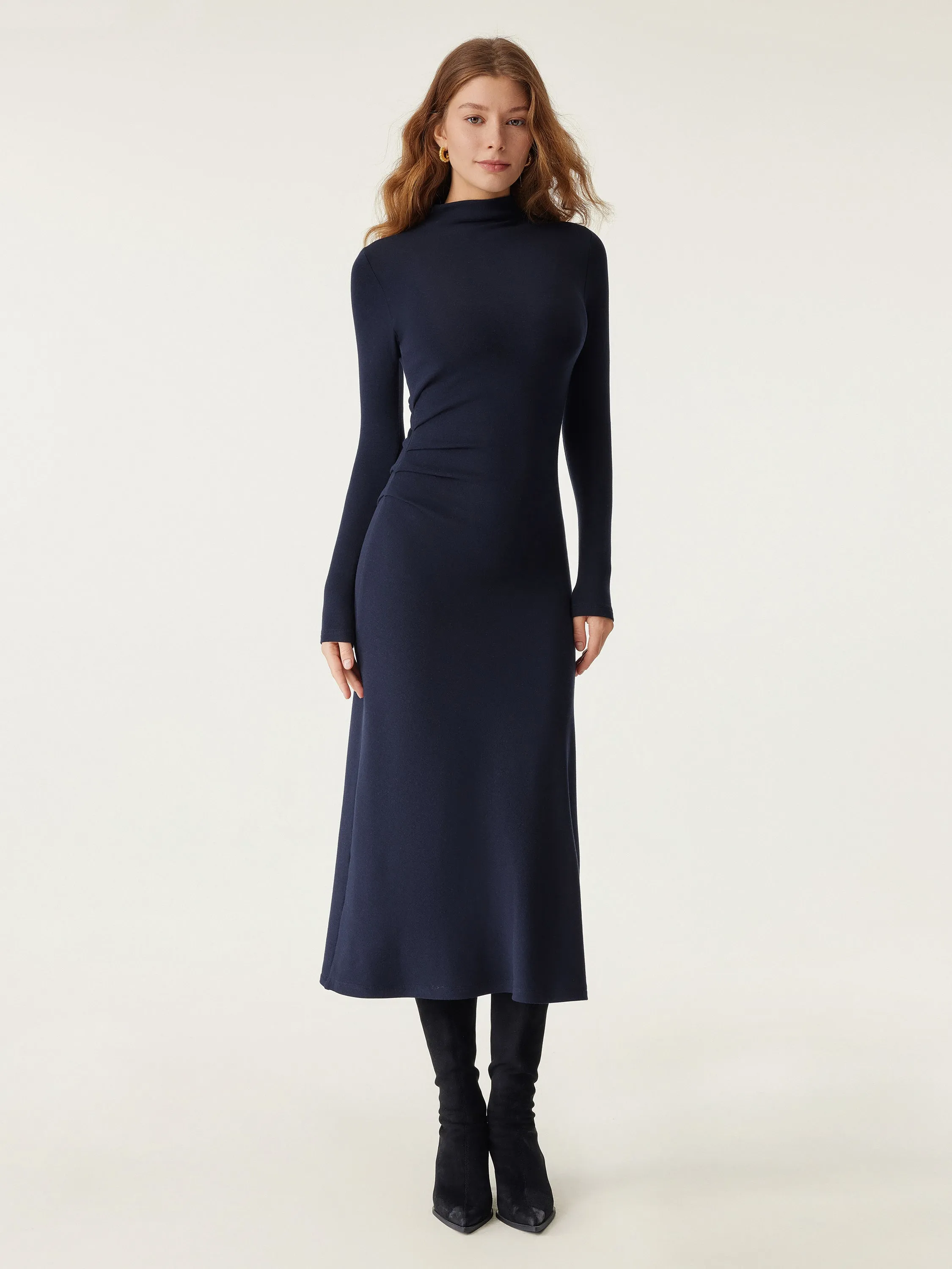 Perfect For Any Occasion Heat-Tech Long Sleeves Mockneck Tucks Midi Dress