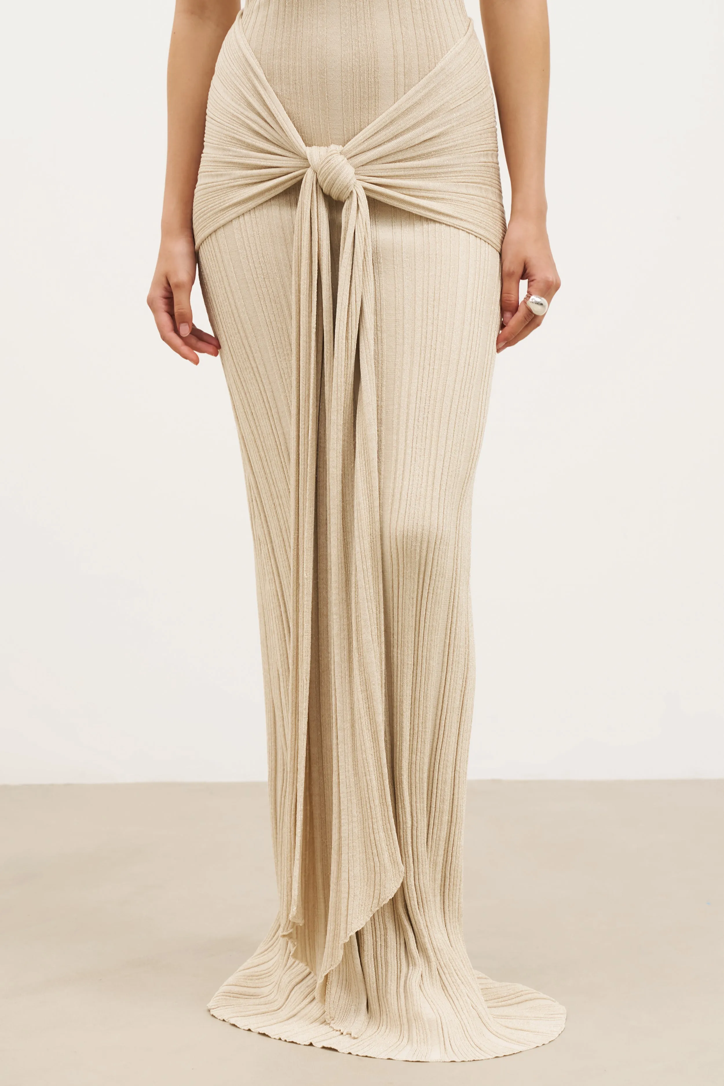Refined Aesthetic Fine Knit Gathered Halter Neck Maxi Dress - Champagne Shimmer