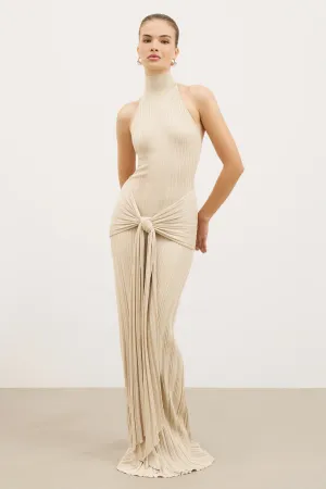 Fine Knit Gathered Halter Neck Maxi Dress - Champagne Shimmer Easy Comfort Event Perfect