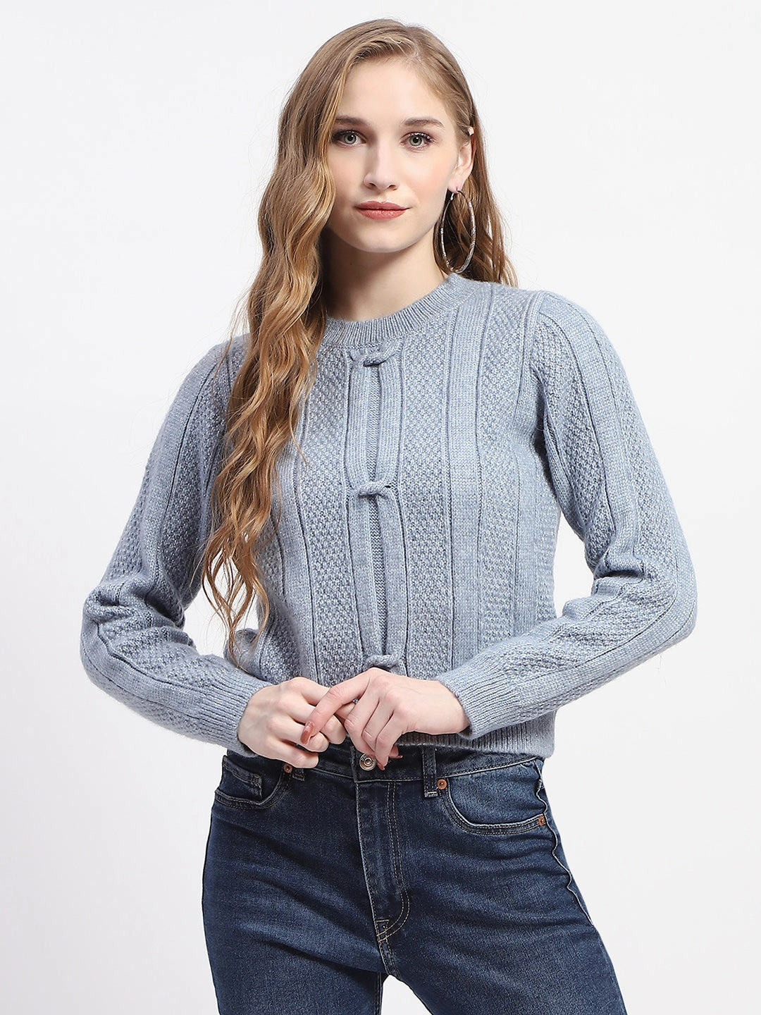 Drop Shoulder Cozy Design Wear Madame Rib Neck Blue Knitted Sweater