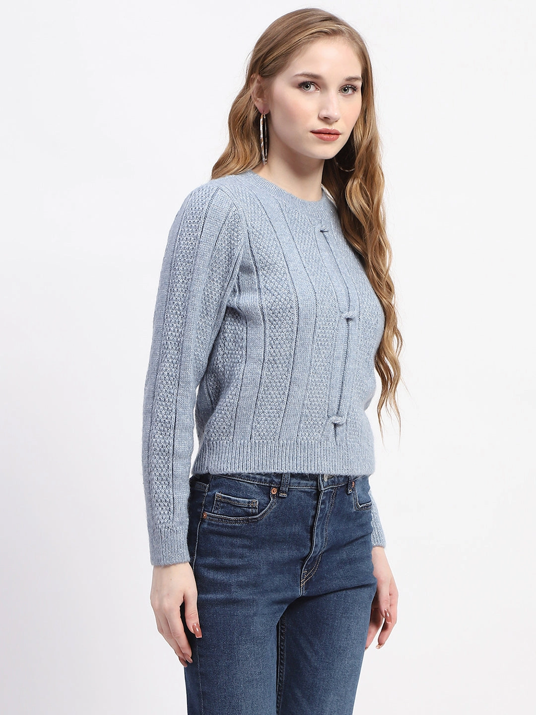 Madame Rib Neck Blue Knitted Sweater Relaxed Style Breathable wear