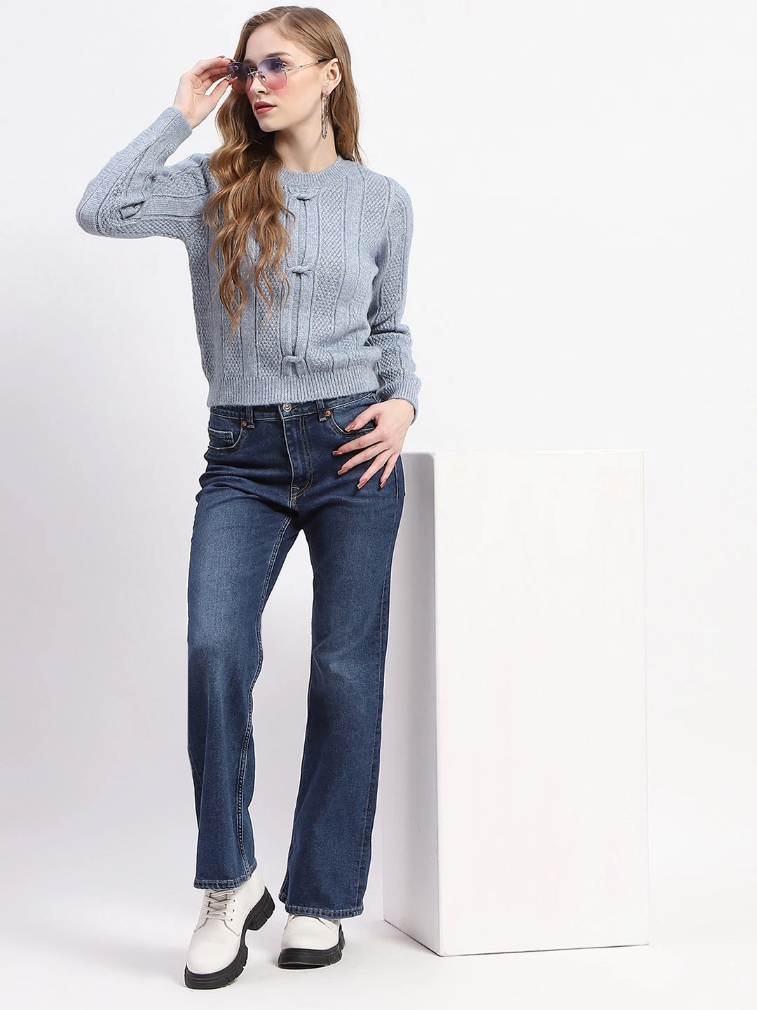 Hypoallergenic Fiber Vintage Wash Finish Madame Rib Neck Blue Knitted Sweater
