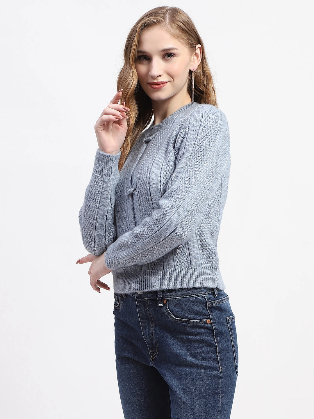Madame Rib Neck Blue Knitted Sweater Snug & Stylish Cozy Wear Fit