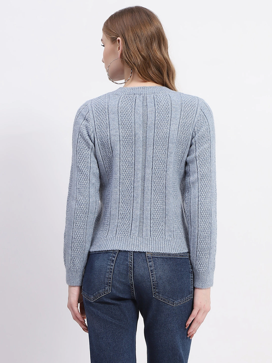 Urban Comfort Fashion Knit Layer Madame Rib Neck Blue Knitted Sweater