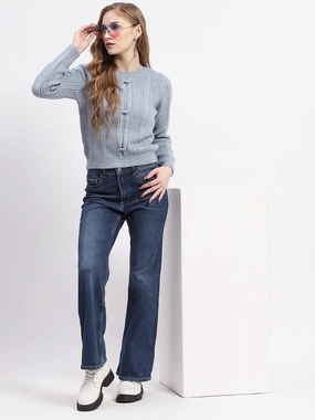 Hypoallergenic Fiber Vintage Wash Finish Madame Rib Neck Blue Knitted Sweater