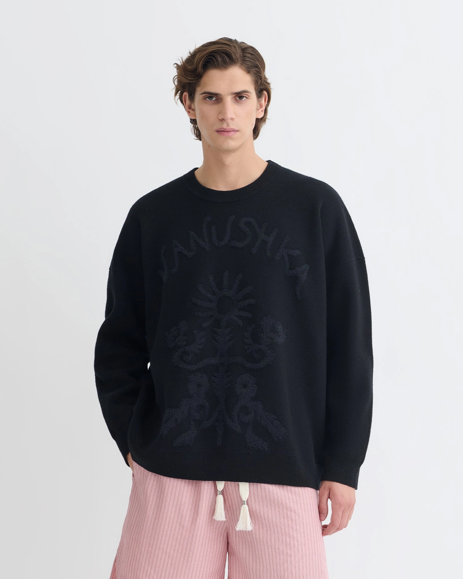 Oswin - Merino and Terry Jacquard Sweater - Black/Off Black Papercut Ribbed Hemline Outdoor Comforted