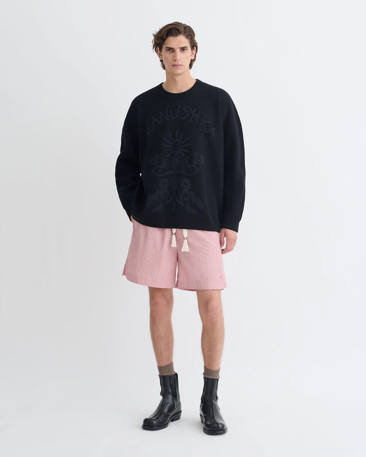 Soft Stretch Oswin - Merino and Terry Jacquard Sweater - Black/Off Black Papercut